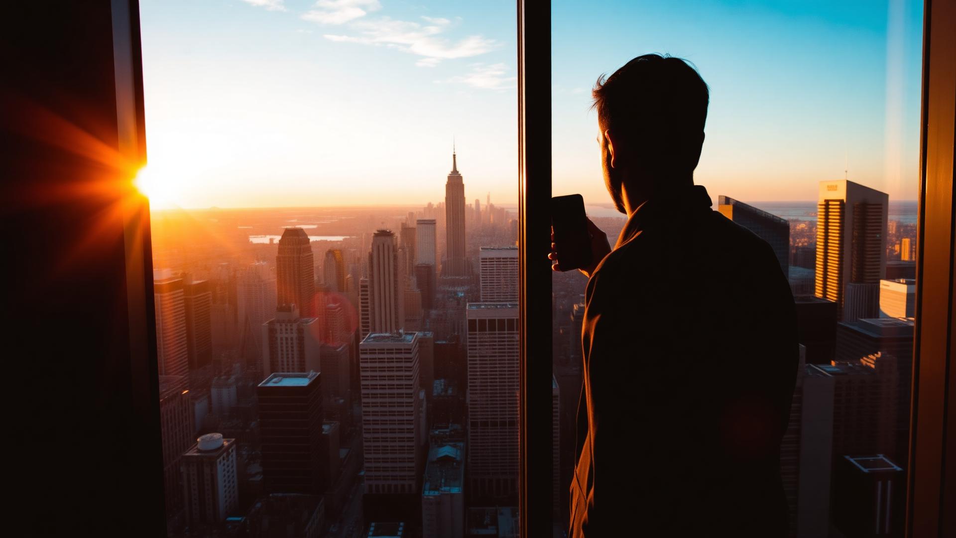 City skyline at golden hour seen from a high-rise office window