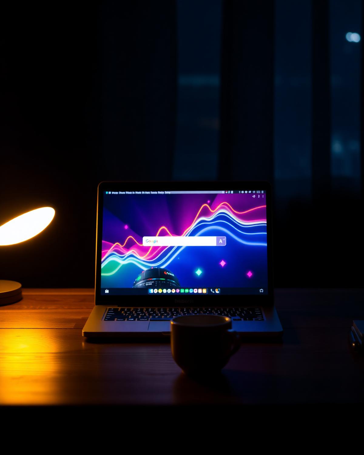 Laptop glowing with colorful abstract light patterns on a desk at night