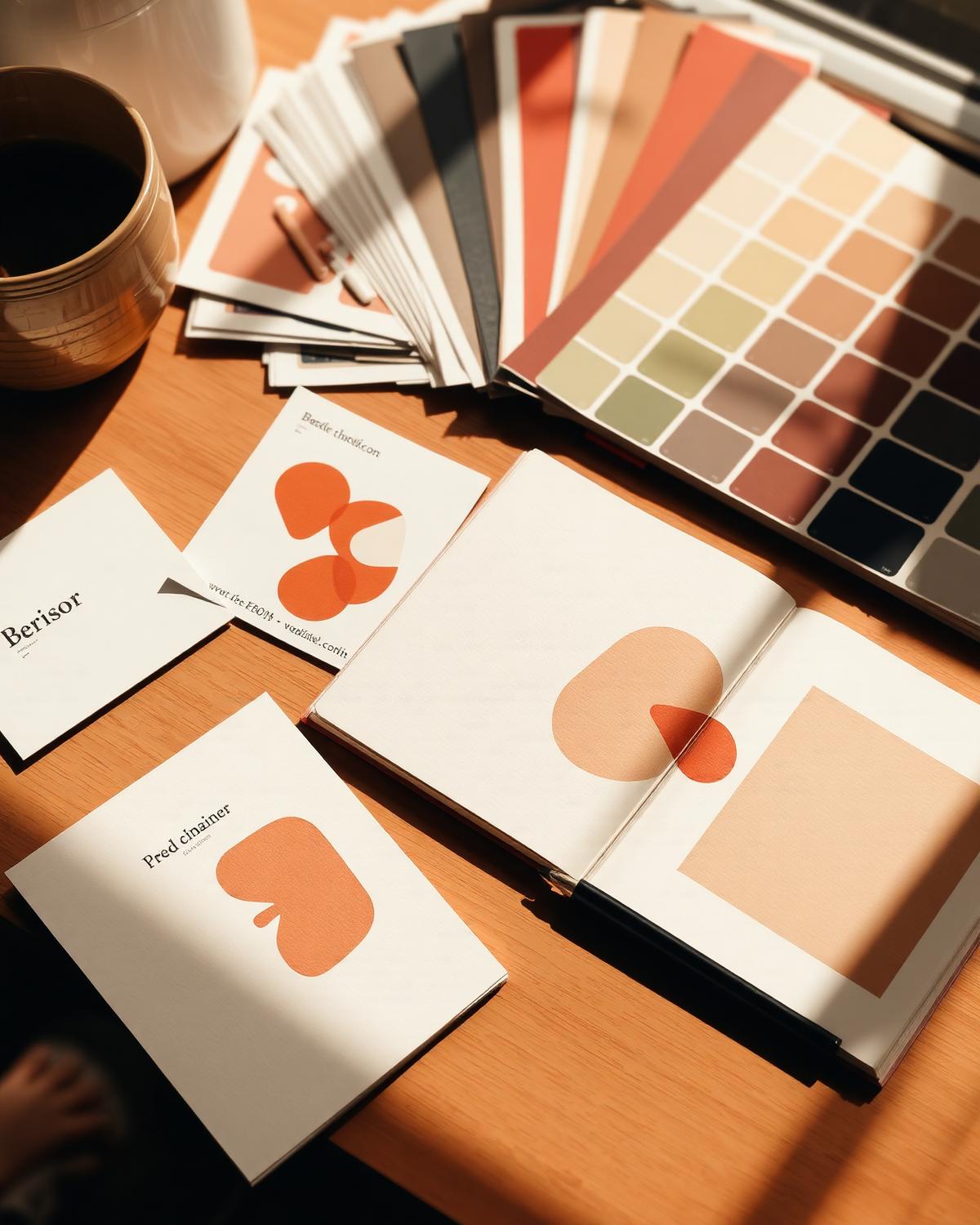 Branding workspace with color swatches and printed design cards
