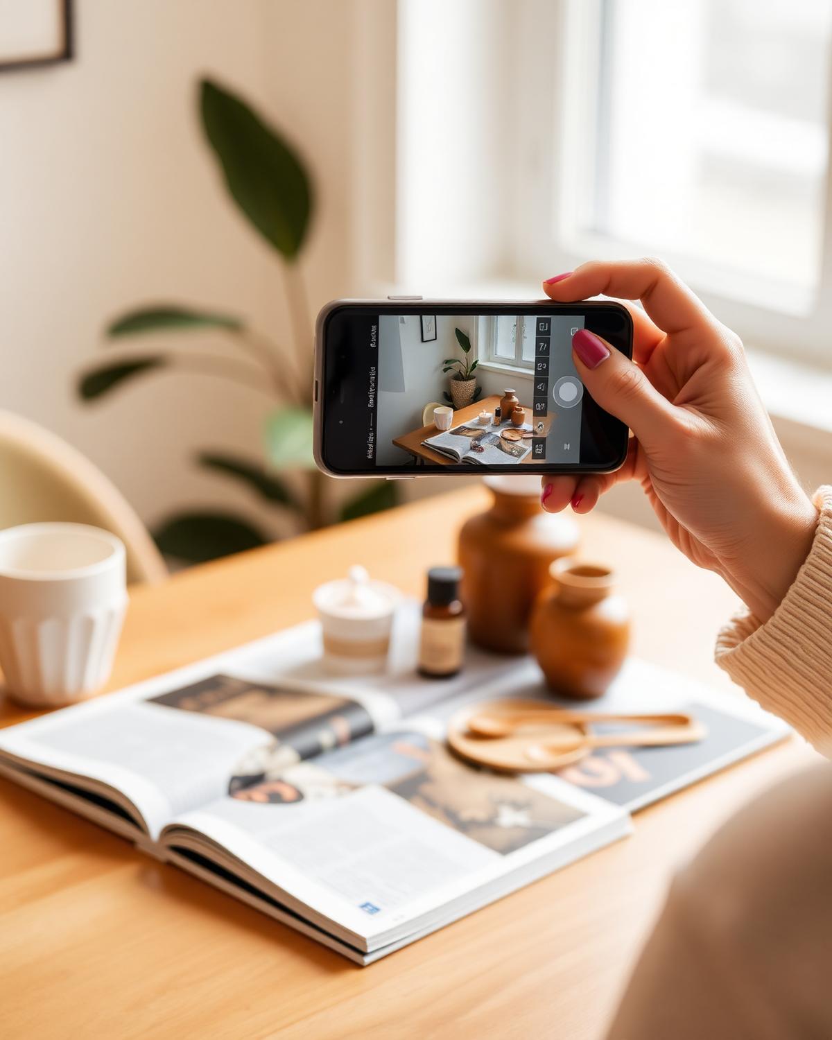 Creating social media content with a smartphone over a styled tabletop